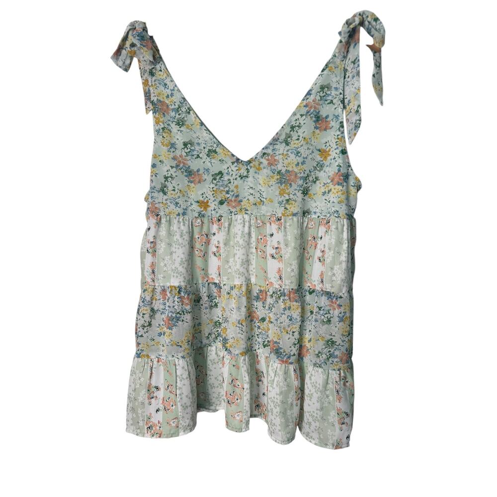 Floral Tie-Shoulder Tiered Tank Top - Light Mint Floral